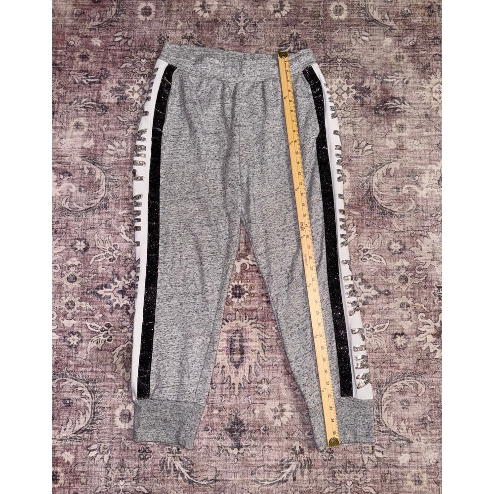 Victoria's Secret PINK Gray Sequin Logo Glitter Stripe Joggers Sweatpants Large - Picture 5 of 9